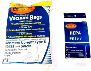 EnviroCare Replacement Vacuum Bags designed to fit Kenmore Uprights 50688 and 50690, Panasonic Type U-2 Uprights 9 Bags and 1 EF-1 HEPA Filter