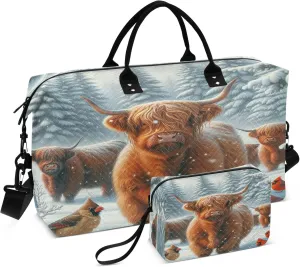 Exnundod Winter Highland Cows Travel Duffel Bags for Women Cardinal Birds Sports Gym Bag Weekender Carry On Tote Overnight Luggage Duffle Bags