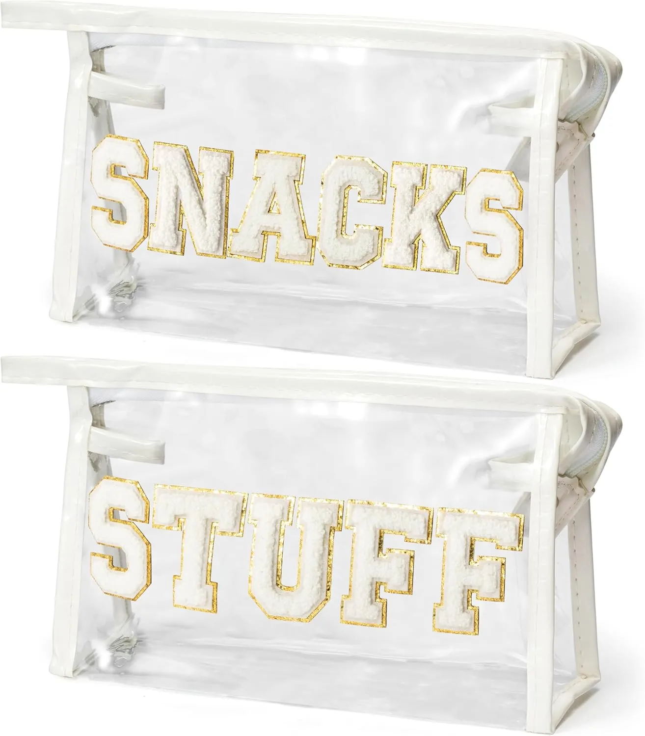 EZdhuawuse Preppy Patch Cosmetic Bag - 2P Summer Large SNACKS STUFF Chenille Varsity Clear Toiletry Bags Waterproof Portable Makeup Bag PVC Zipper Clutch Purse Travel Beach Bag for Women Girls(White)