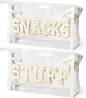 EZdhuawuse Preppy Patch Cosmetic Bag - 2P Summer Large SNACKS STUFF Chenille Varsity Clear Toiletry Bags Waterproof Portable Makeup Bag PVC Zipper Clutch Purse Travel Beach Bag for Women Girls(White)