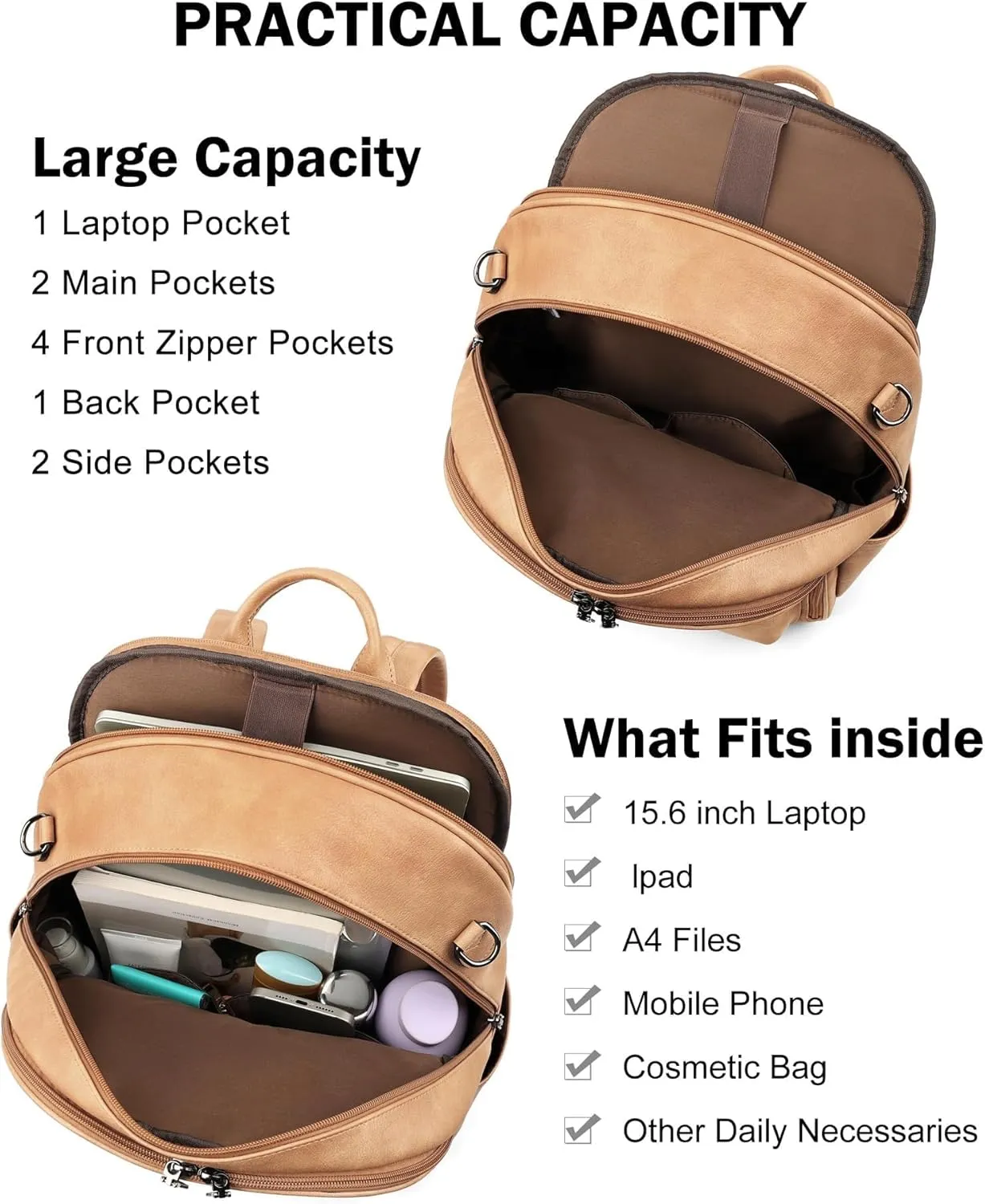 FADEON 15.6 inch Laptop Backpack Purse for Women Designer PU Leather Computer Backpacks Fashion for Work Travel Camel Brown