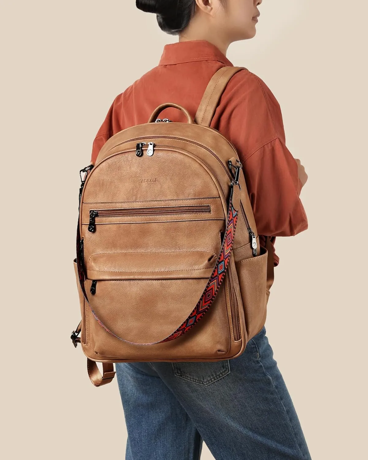 FADEON 15.6 inch Laptop Backpack Purse for Women Designer PU Leather Computer Backpacks Fashion for Work Travel Camel Brown