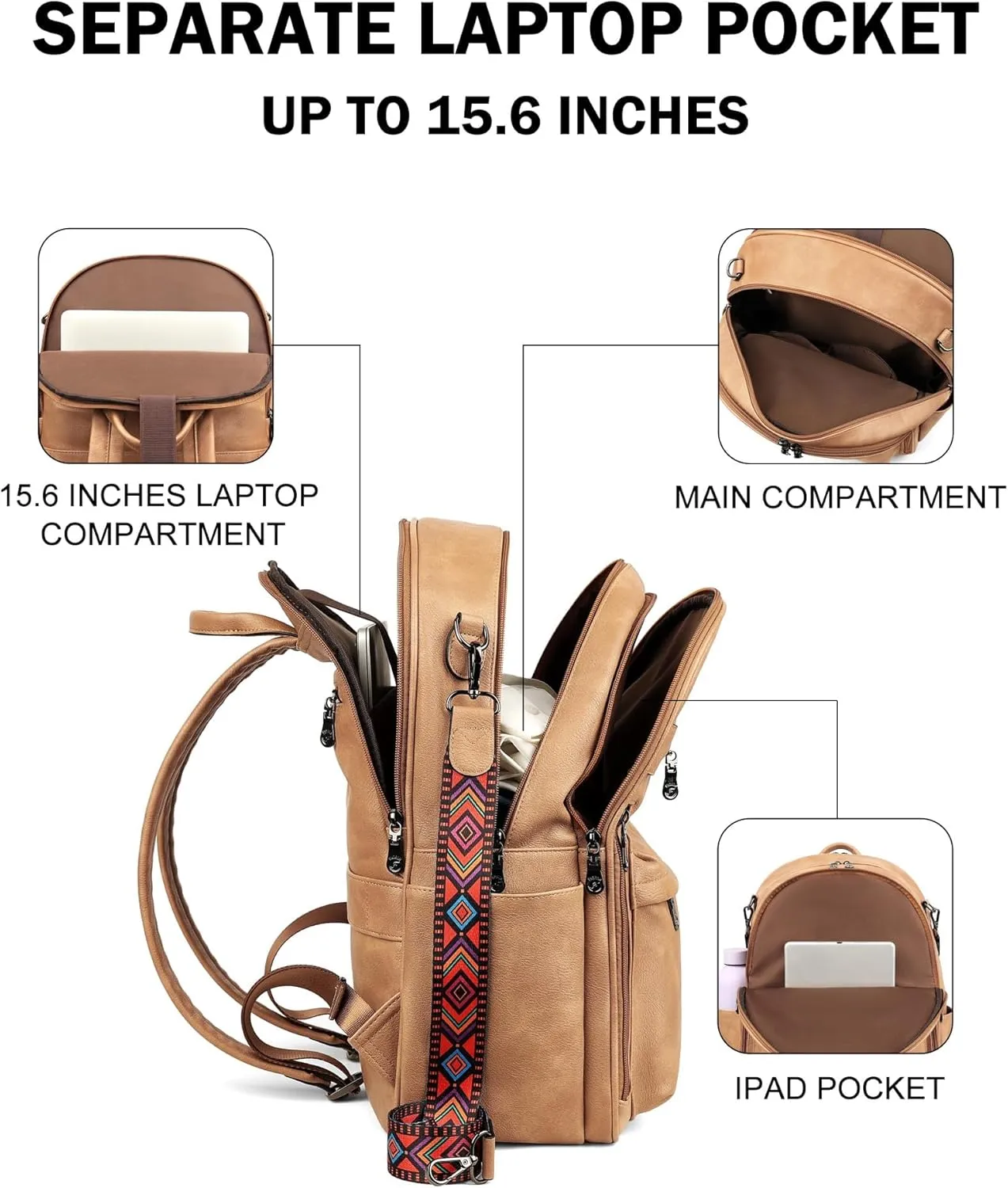 FADEON 15.6 inch Laptop Backpack Purse for Women Designer PU Leather Computer Backpacks Fashion for Work Travel Camel Brown