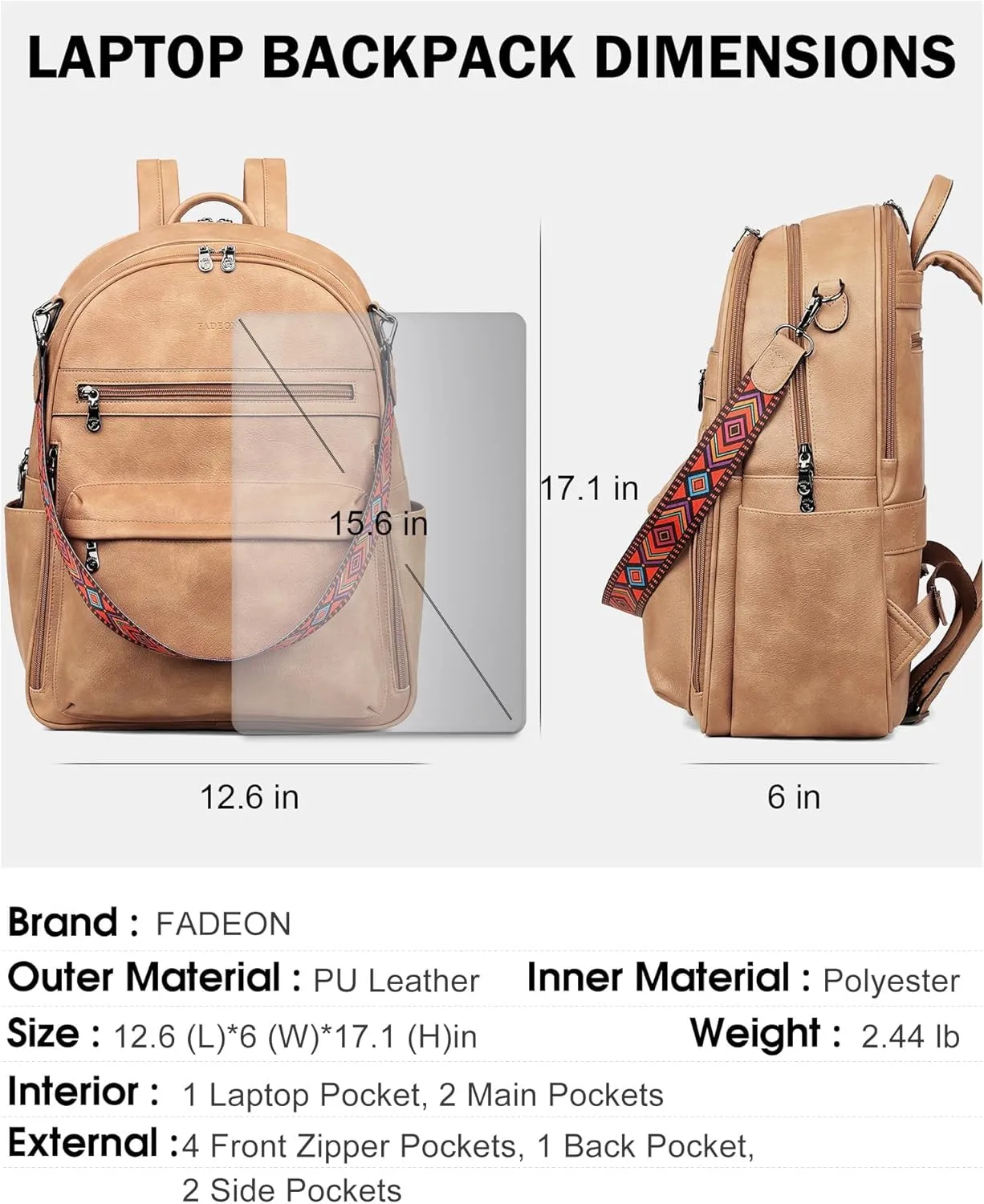 FADEON 15.6 inch Laptop Backpack Purse for Women Designer PU Leather Computer Backpacks Fashion for Work Travel Camel Brown