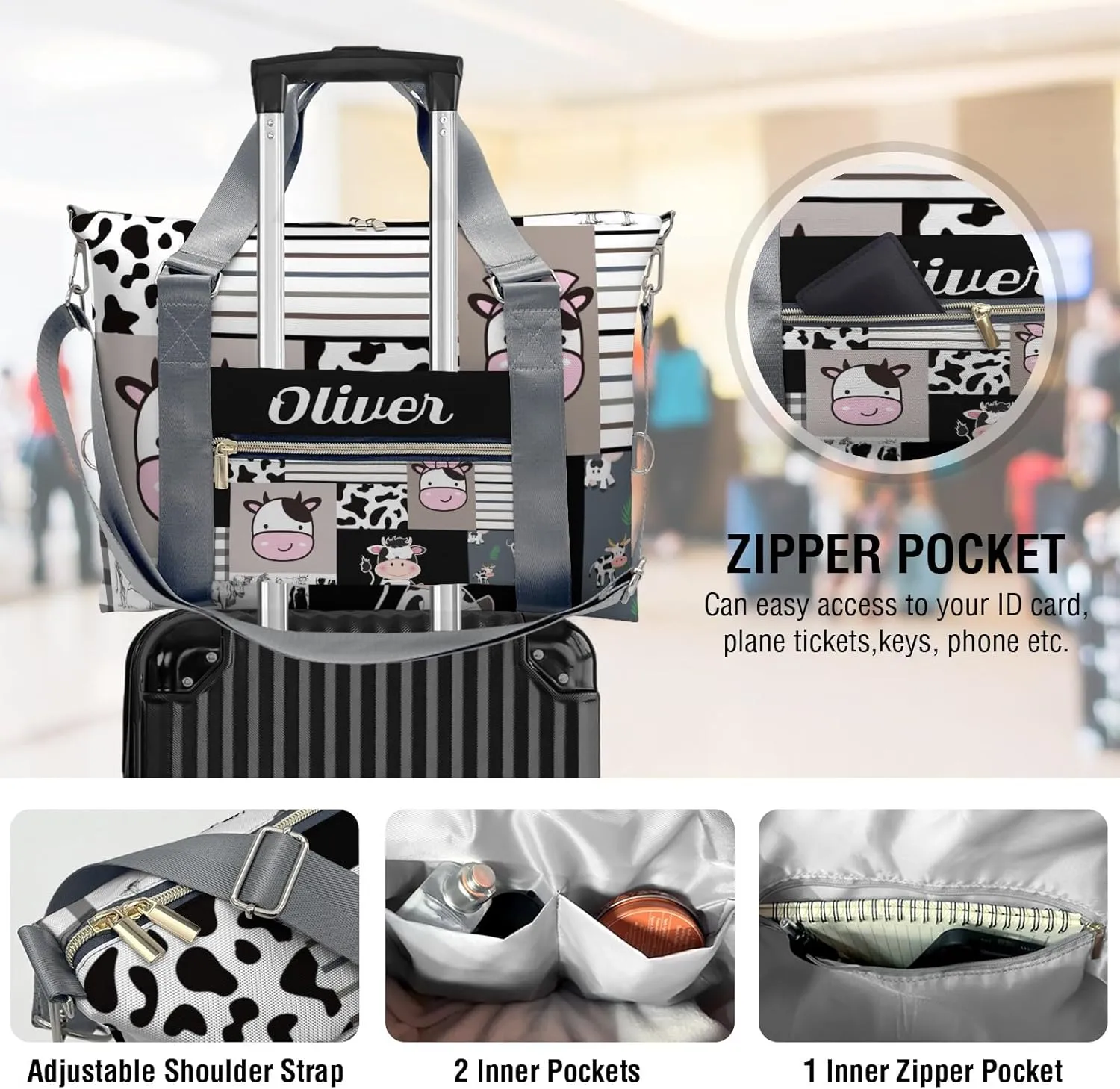 Farm Cow Cattle Plaid Patchwork Personalized Gym Dance Bag for Girls Boys,Custom Name Sport Duffel Bag Weekender Bags Carry On Travel Duffel Bag