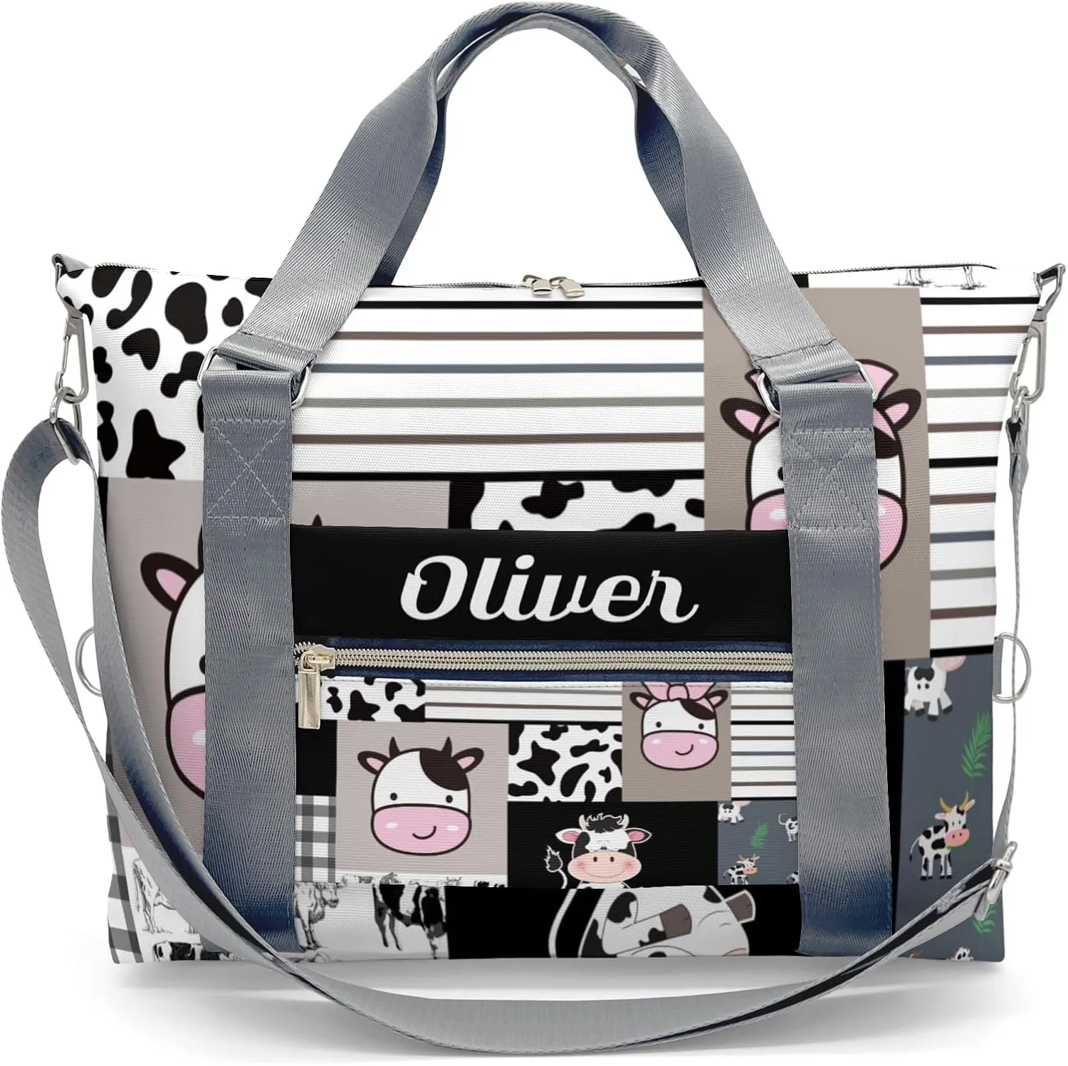 Farm Cow Cattle Plaid Patchwork Personalized Gym Dance Bag for Girls Boys,Custom Name Sport Duffel Bag Weekender Bags Carry On Travel Duffel Bag