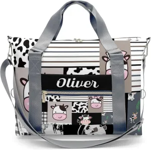 Farm Cow Cattle Plaid Patchwork Personalized Gym Dance Bag for Girls Boys,Custom Name Sport Duffel Bag Weekender Bags Carry On Travel Duffel Bag