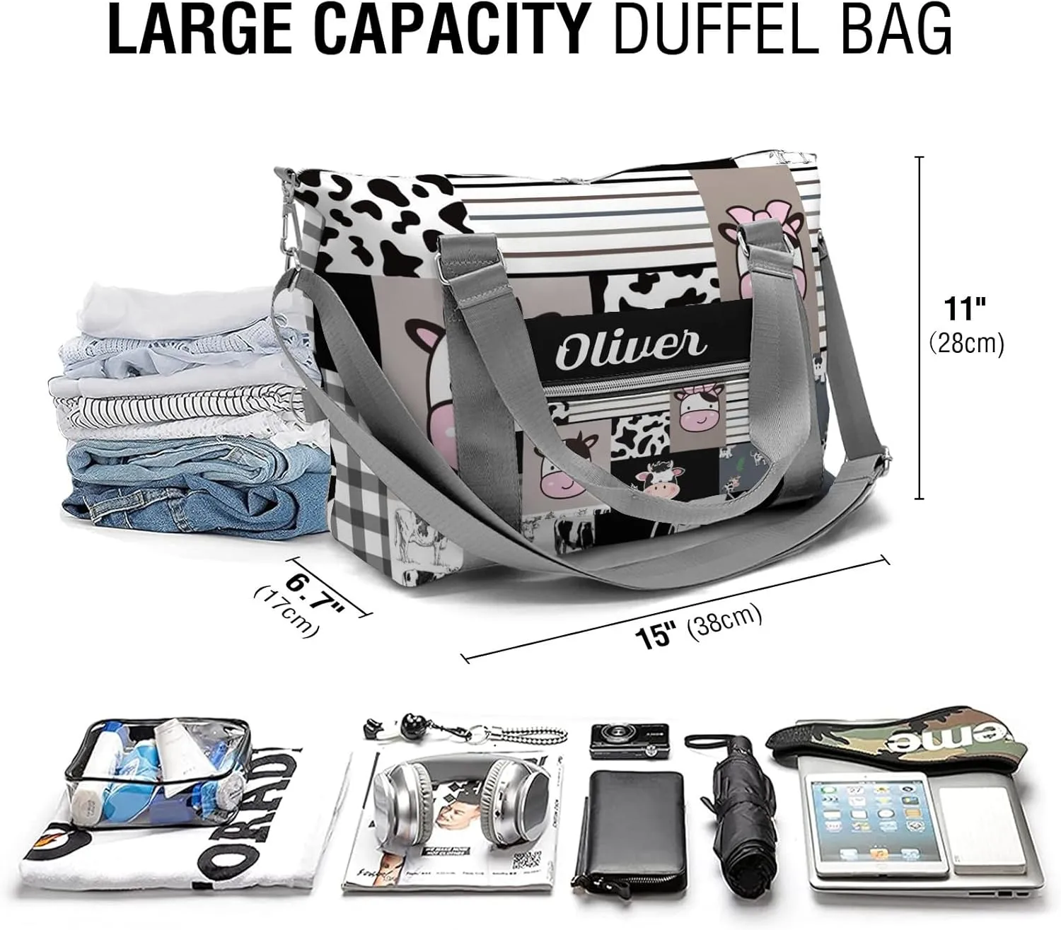 Farm Cow Cattle Plaid Patchwork Personalized Gym Dance Bag for Girls Boys,Custom Name Sport Duffel Bag Weekender Bags Carry On Travel Duffel Bag