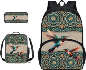 Fashion Schoolbag Set Boho Mandala Hummingbird Print Backpack Lunch Box Pencil Case Lightweight Travel Bag Bookbag for Student Backpacks Fashion Rucksack Daypack with Zipper