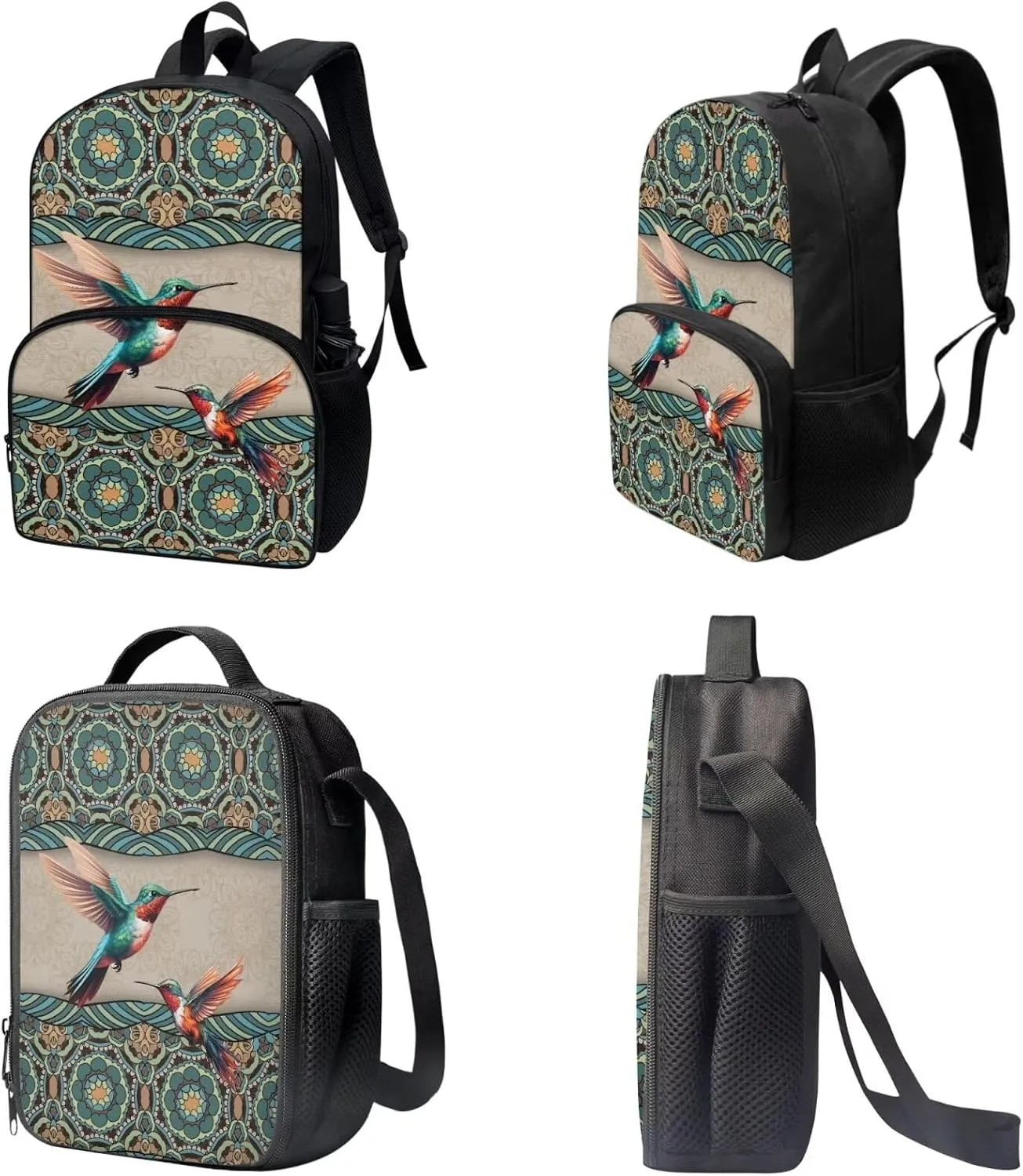 Fashion Schoolbag Set Boho Mandala Hummingbird Print Backpack Lunch Box Pencil Case Lightweight Travel Bag Bookbag for Student Backpacks Fashion Rucksack Daypack with Zipper