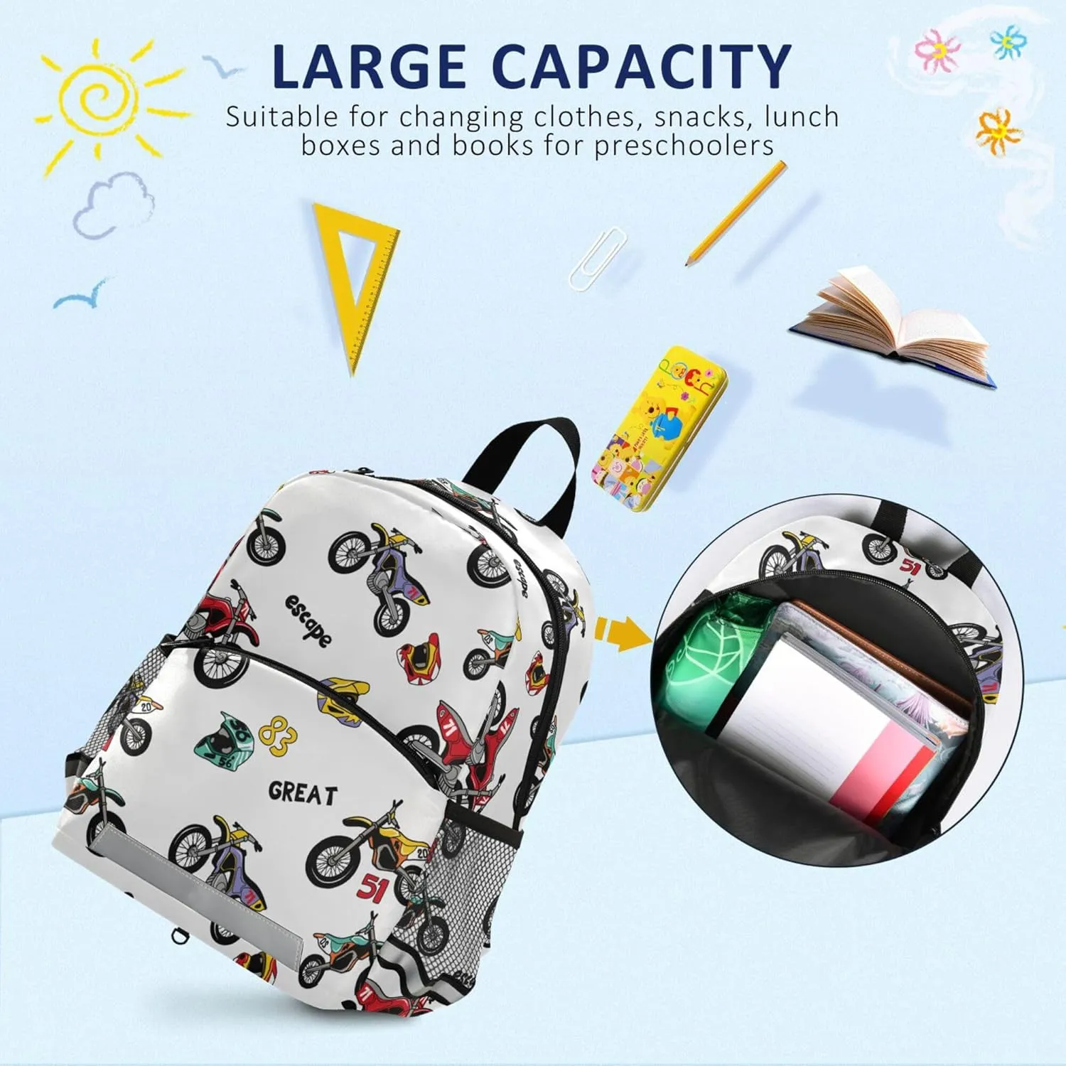Fisyme Vintage Motorcycle Backpack Schoolbag Kids Daypack Toddler Travel School Bag Small Mini Backpacks for Kindergarten Preschool Nursery Boys Girl