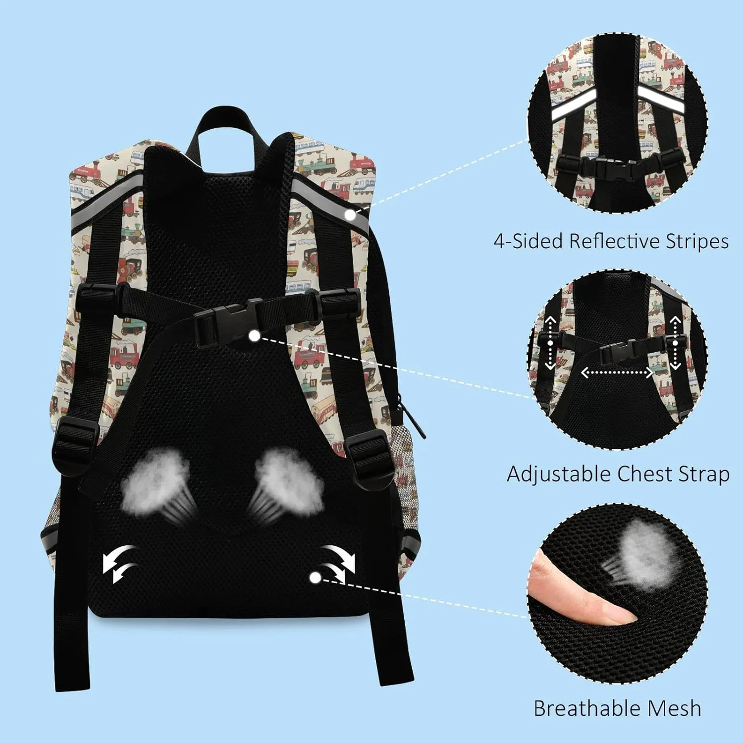 Fisyme Vintage Trains Backpack Schoolbag Kids Daypack Toddler Travel School Bag Small Mini Backpacks for Kindergarten Preschool Nursery Children Boys Girls with Chest Strap