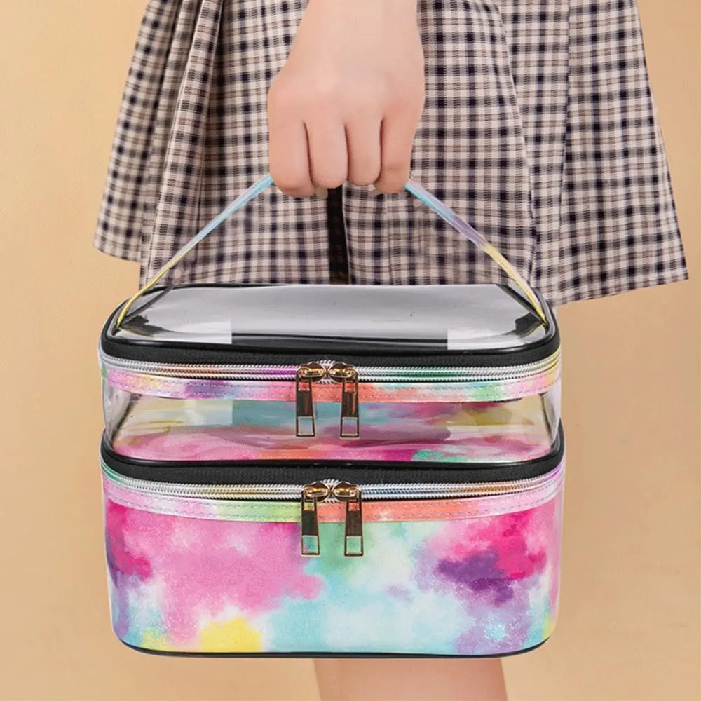 FITINI 3 Pieces Makeup Bags Double Layer Travel Large Cosmetic Cases Organizer Toiletry Bags Waterproof Small Zipper Pouch for Women Makeup Brush Storage Bag,Tie Dyed