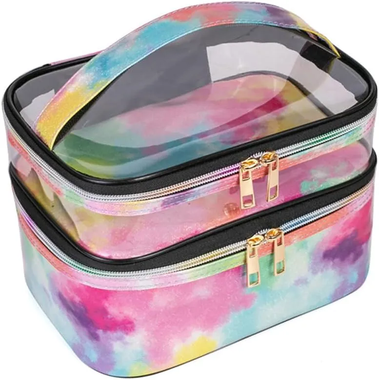 FITINI 3 Pieces Makeup Bags Double Layer Travel Large Cosmetic Cases Organizer Toiletry Bags Waterproof Small Zipper Pouch for Women Makeup Brush Storage Bag,Tie Dyed
