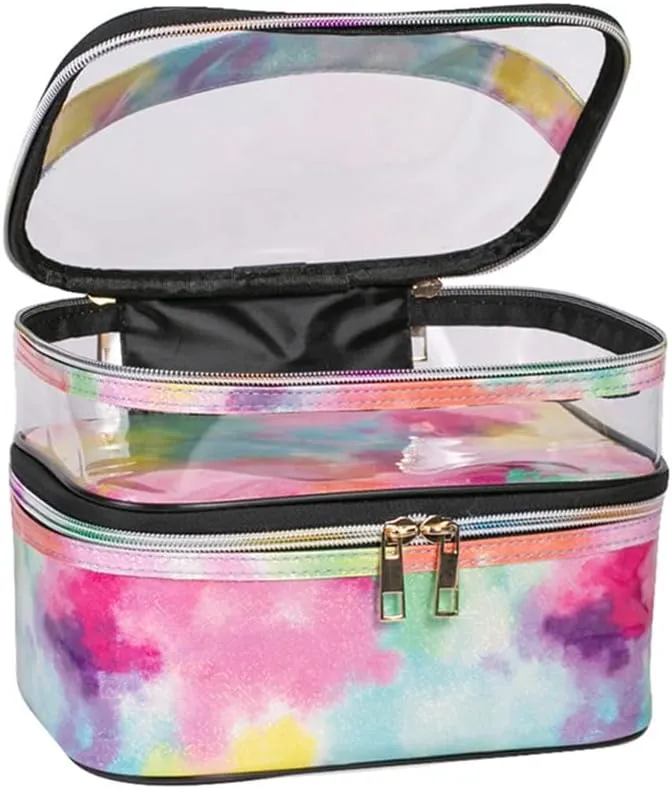 FITINI 3 Pieces Makeup Bags Double Layer Travel Large Cosmetic Cases Organizer Toiletry Bags Waterproof Small Zipper Pouch for Women Makeup Brush Storage Bag,Tie Dyed