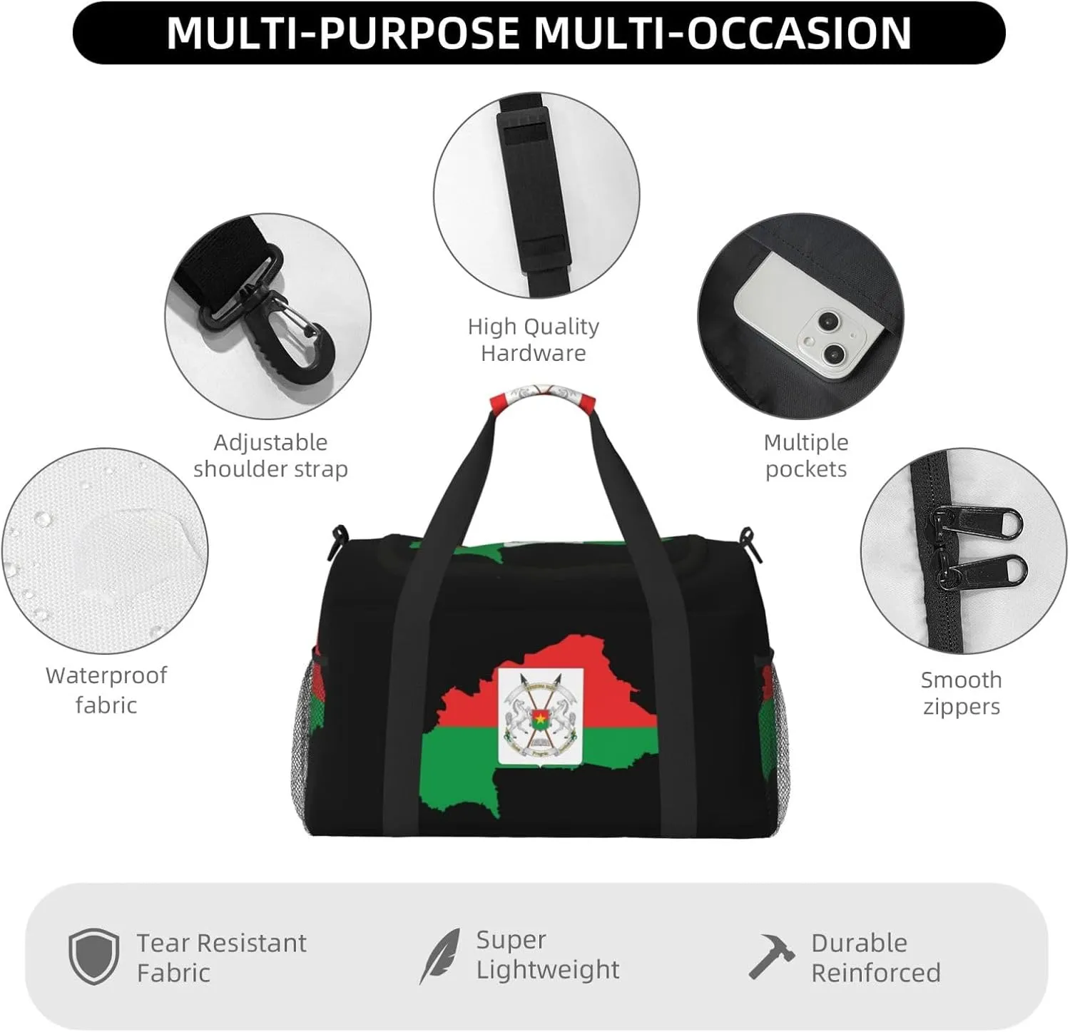 Flag Map Of Burkina Travel Duffel Bag Large Foldable Waterproof Overnight Bag For Beach Swim Bags Pool Sports Gym