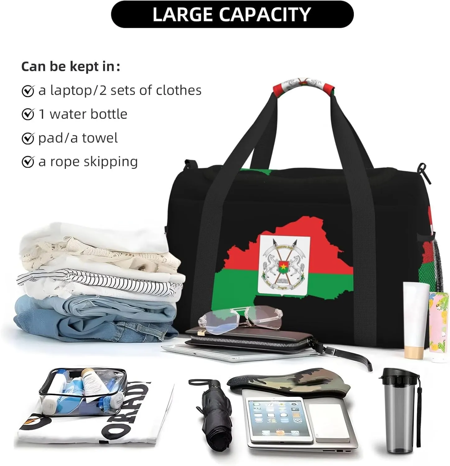 Flag Map Of Burkina Travel Duffel Bag Large Foldable Waterproof Overnight Bag For Beach Swim Bags Pool Sports Gym