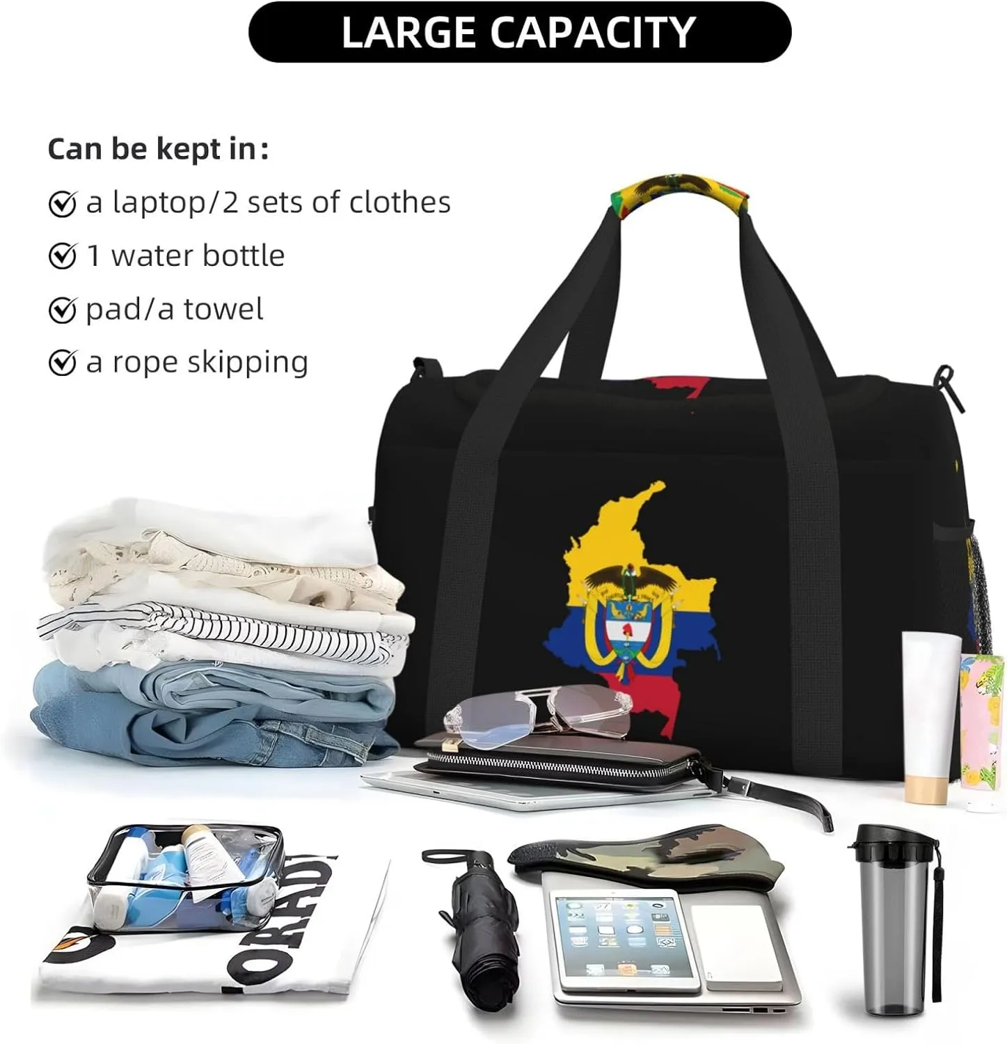 Flag Map Of Colombia Travel Duffel Bag Large Foldable Waterproof Overnight Bag For Beach Swim Bags Pool Sports Gym