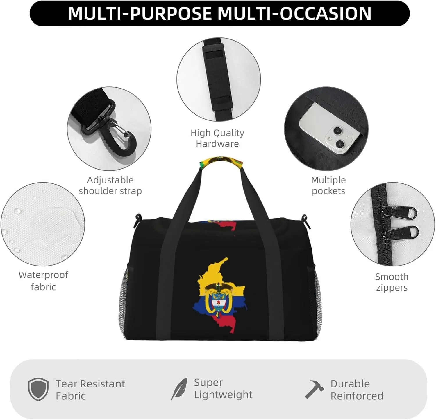 Flag Map Of Colombia Travel Duffel Bag Large Foldable Waterproof Overnight Bag For Beach Swim Bags Pool Sports Gym