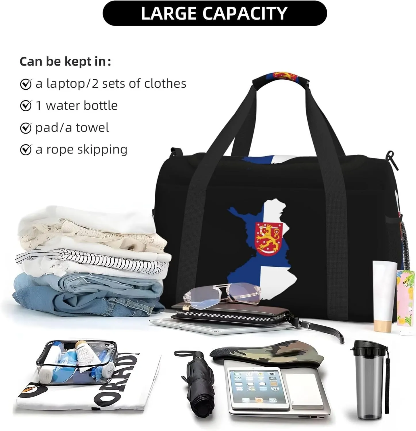 Flag Map Of Finland Travel Duffel Bag Large Foldable Waterproof Overnight Bag For Beach Swim Bags Pool Sports Gym