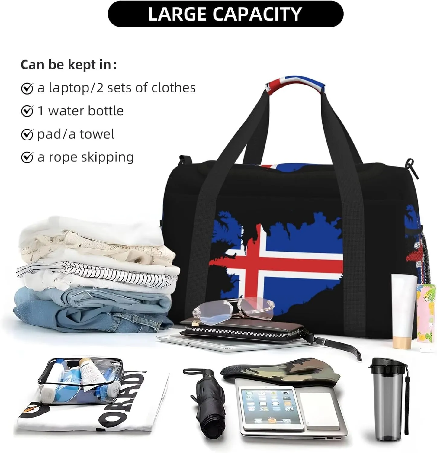 Flag Map Of Iceland Travel Duffel Bag Large Foldable Waterproof Overnight Bag For Beach Swim Bags Pool Sports Gym
