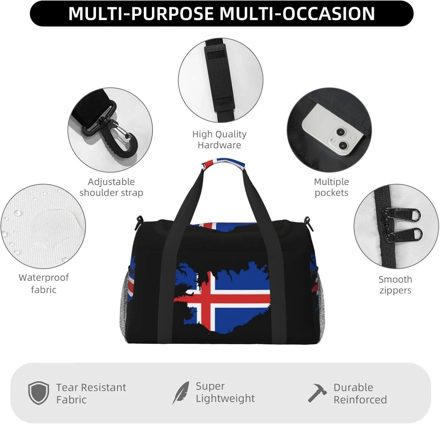 Flag Map Of Iceland Travel Duffel Bag Large Foldable Waterproof Overnight Bag For Beach Swim Bags Pool Sports Gym