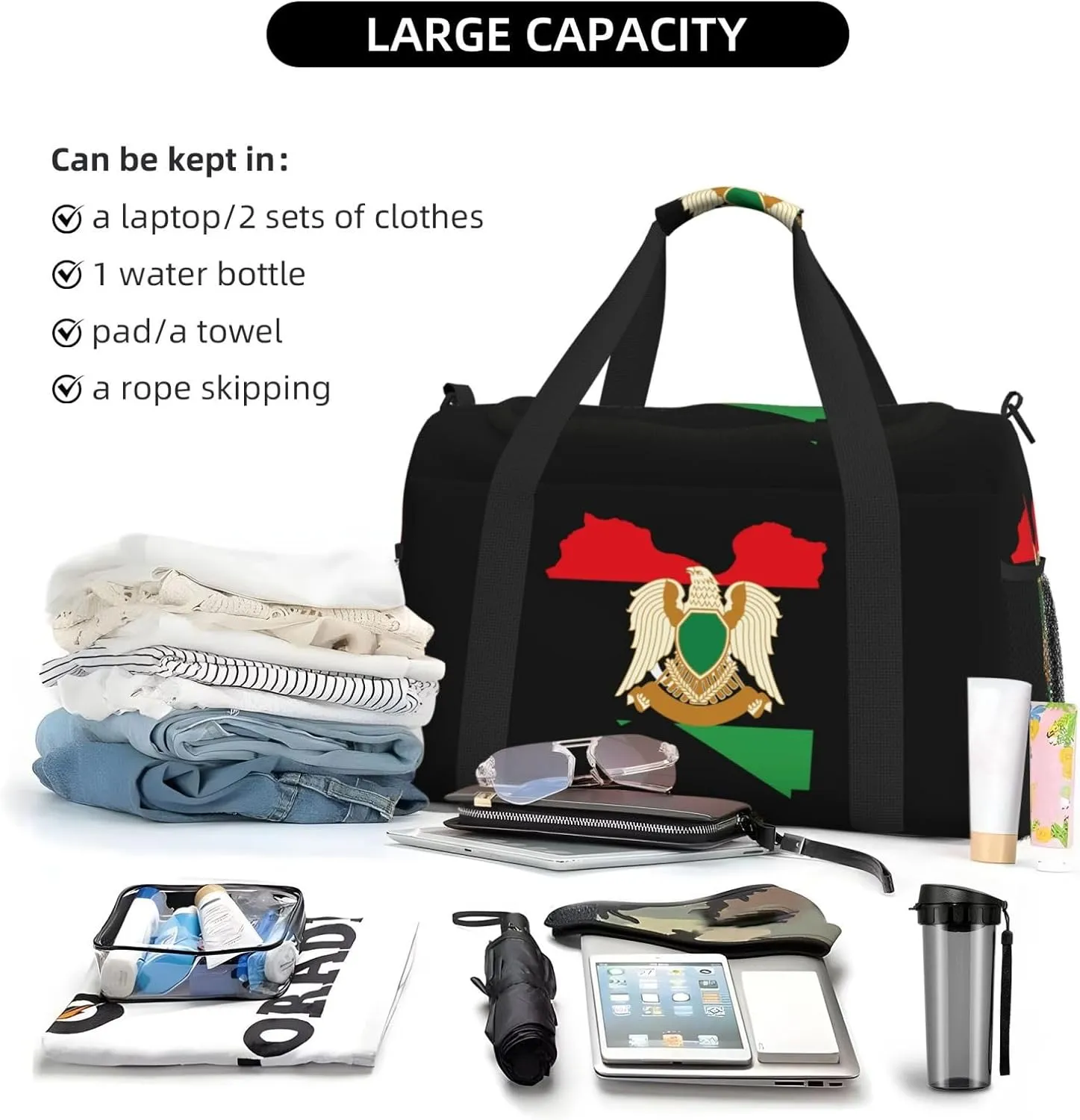 Flag Map Of Libya Travel Duffel Bag Large Foldable Waterproof Overnight Bag For Beach Swim Bags Pool Sports Gym