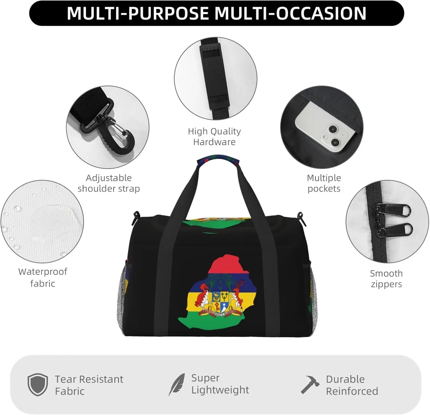 Flag Map Of Mauritius Travel Duffel Bag Large Foldable Waterproof Overnight Bag For Beach Swim Bags Pool Sports Gym