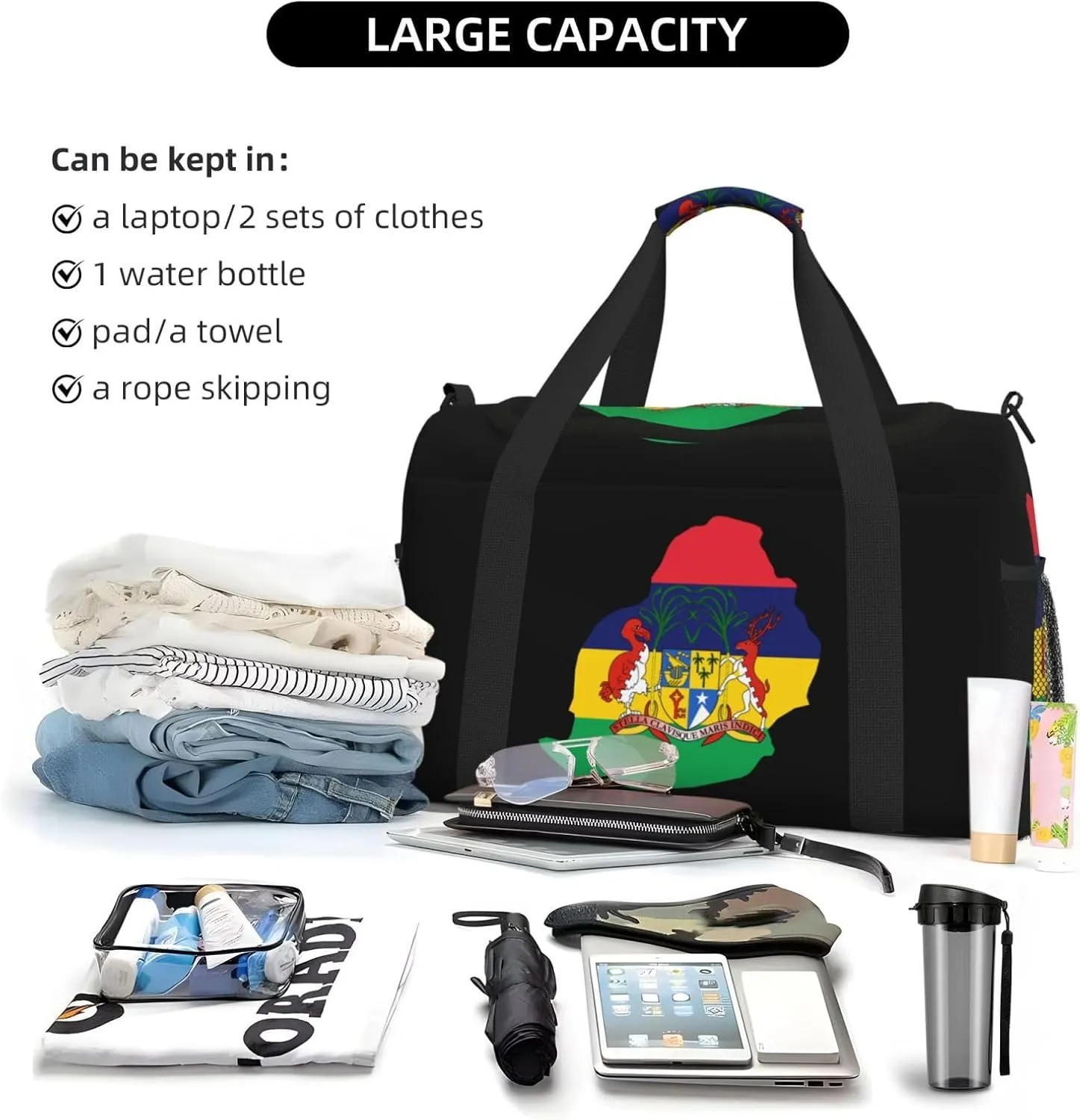 Flag Map Of Mauritius Travel Duffel Bag Large Foldable Waterproof Overnight Bag For Beach Swim Bags Pool Sports Gym