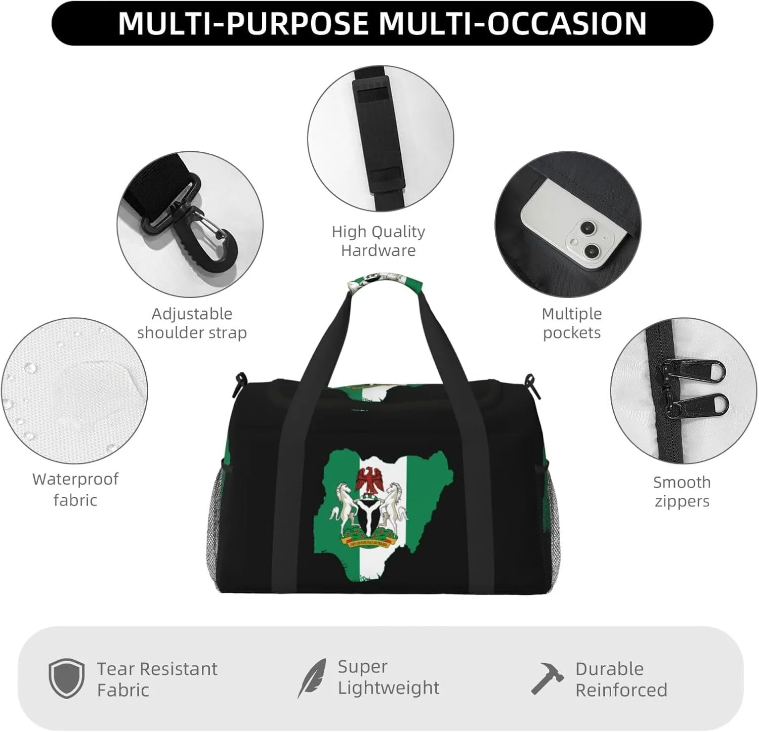 Flag Map Of Nigeria Travel Duffel Bag Large Foldable Waterproof Overnight Bag For Beach Swim Bags Pool Sports Gym