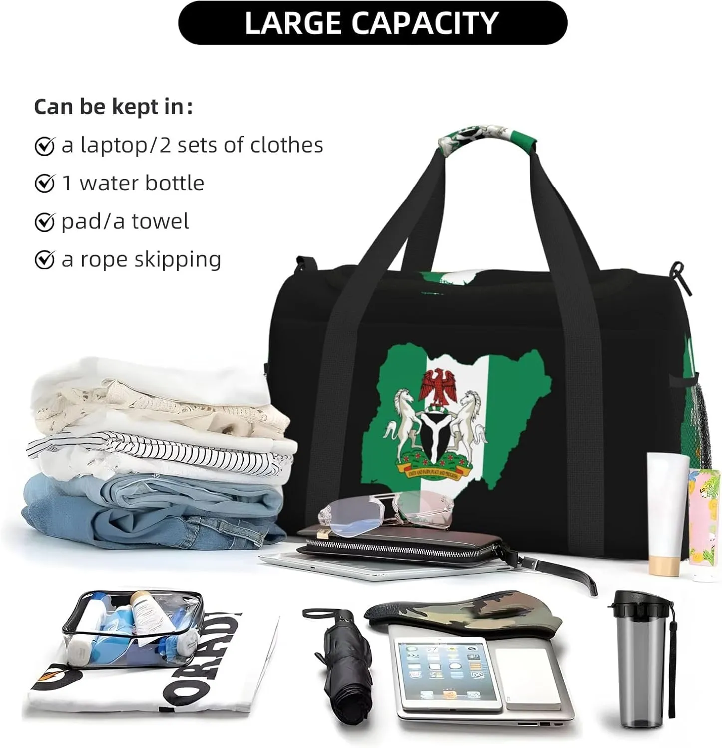 Flag Map Of Nigeria Travel Duffel Bag Large Foldable Waterproof Overnight Bag For Beach Swim Bags Pool Sports Gym