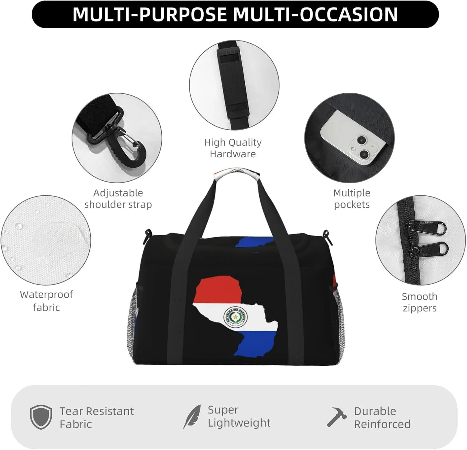 Flag Map Of Paraguay Travel Duffel Bag Large Foldable Waterproof Overnight Bag For Beach Swim Bags Pool Sports Gym