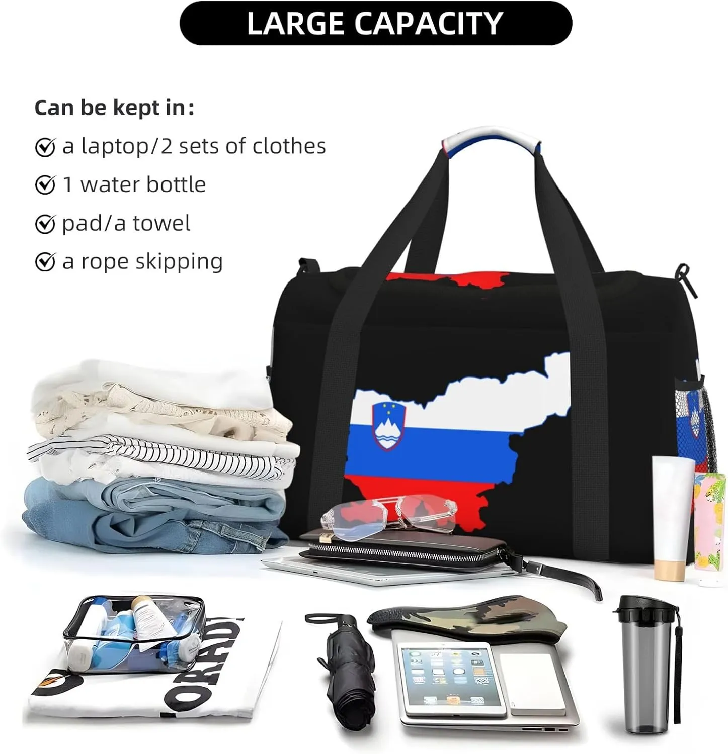 Flag Map Of Slovenia Travel Duffel Bag Large Foldable Waterproof Overnight Bag For Beach Swim Bags Pool Sports Gym