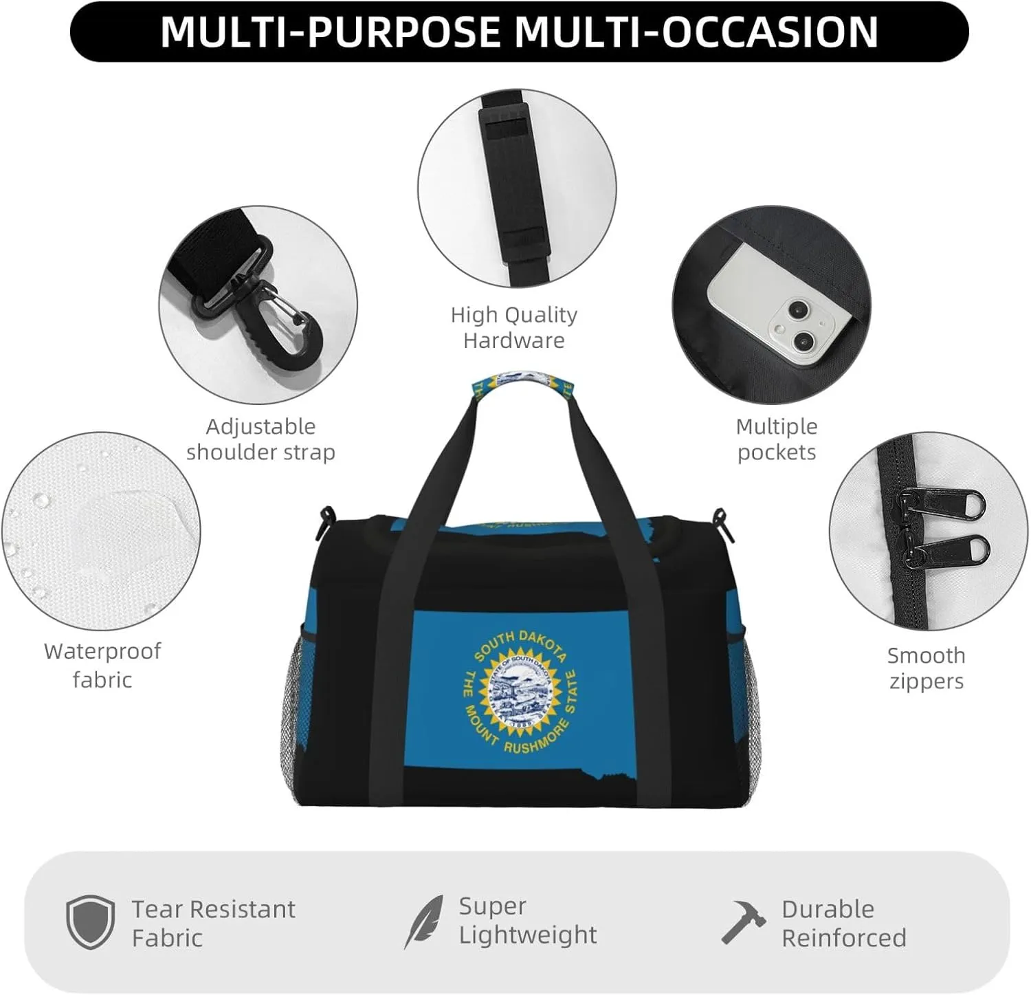 Flag Map Of South Dakota Travel Duffel Bag Large Foldable Waterproof Overnight Bag For Beach Swim Bags Pool Sports Gym