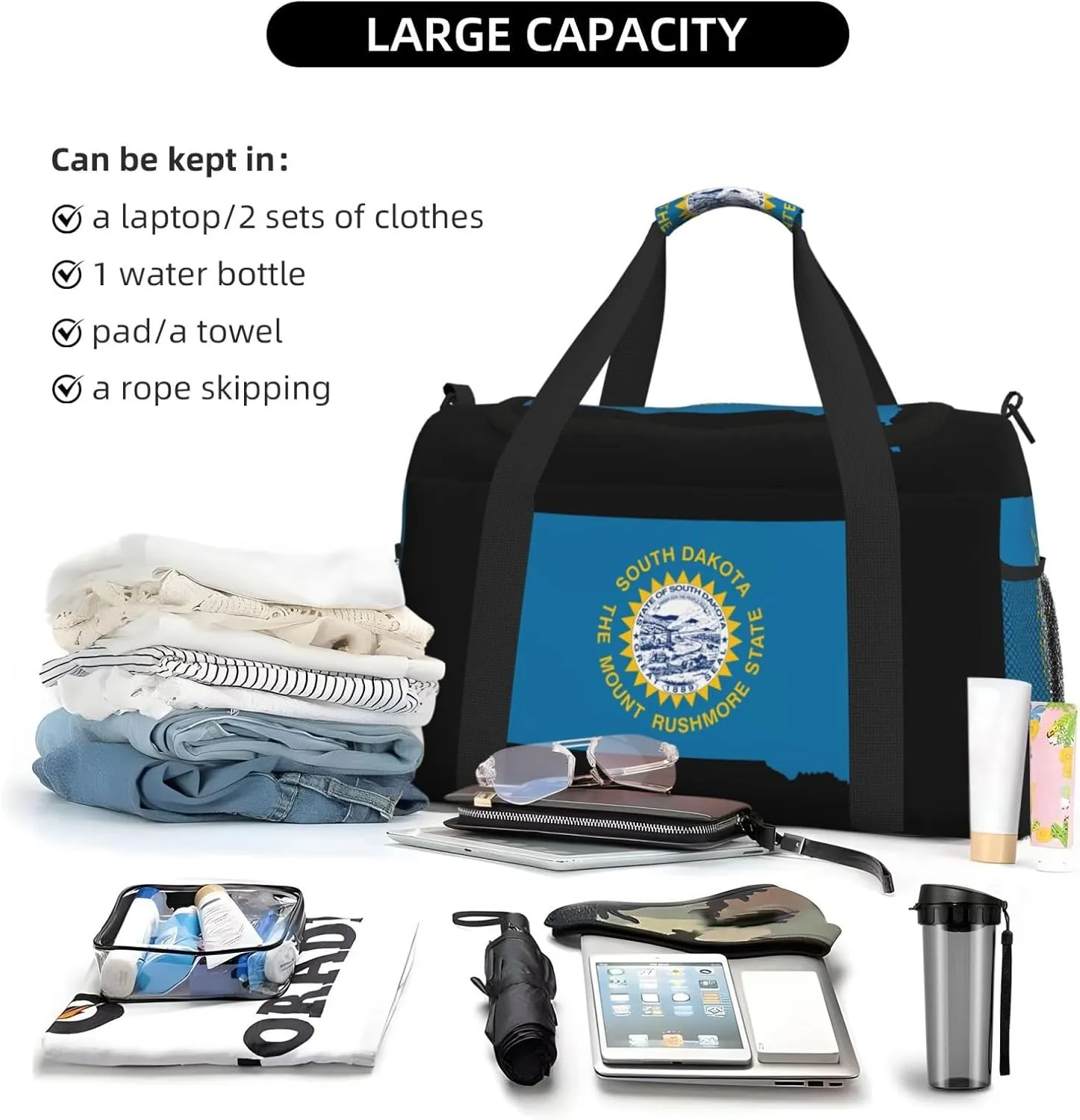 Flag Map Of South Dakota Travel Duffel Bag Large Foldable Waterproof Overnight Bag For Beach Swim Bags Pool Sports Gym