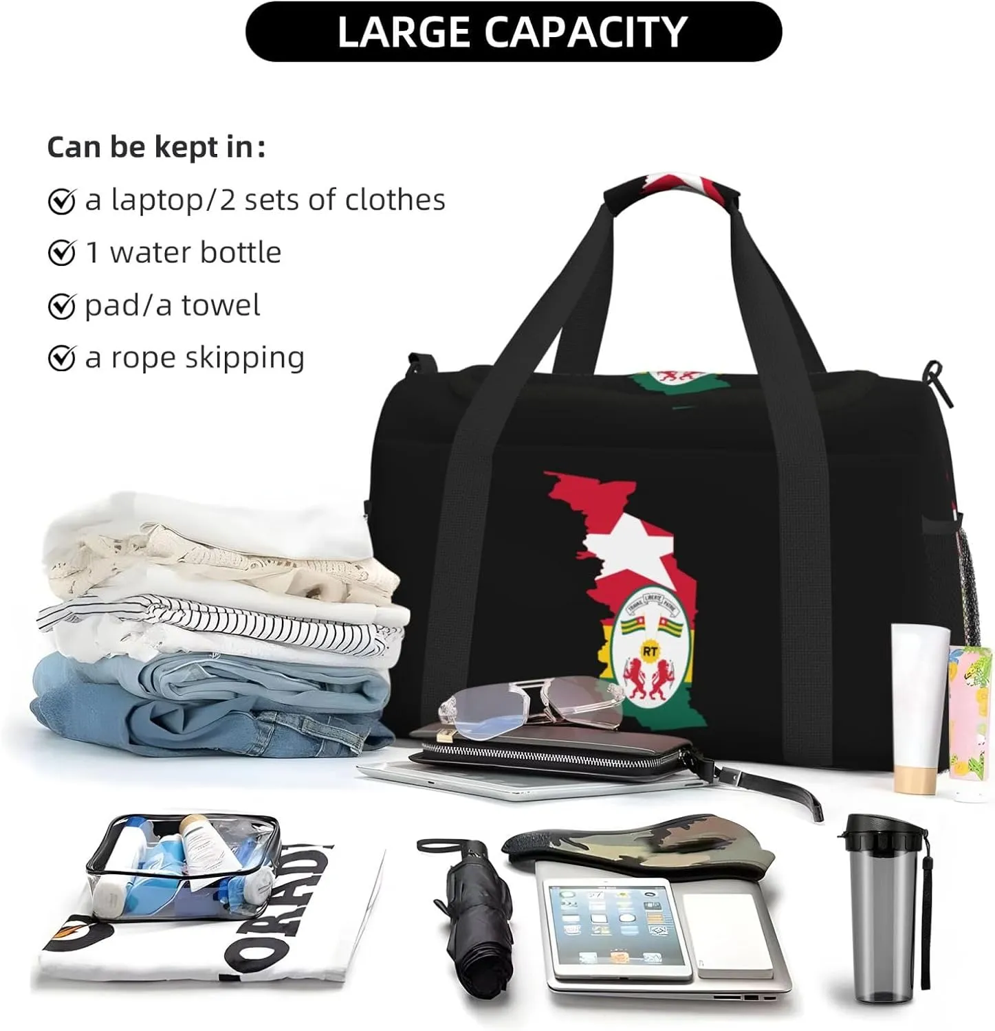 Flag Map Of Togo Travel Duffel Bag Large Foldable Waterproof Overnight Bag For Beach Swim Bags Pool Sports Gym