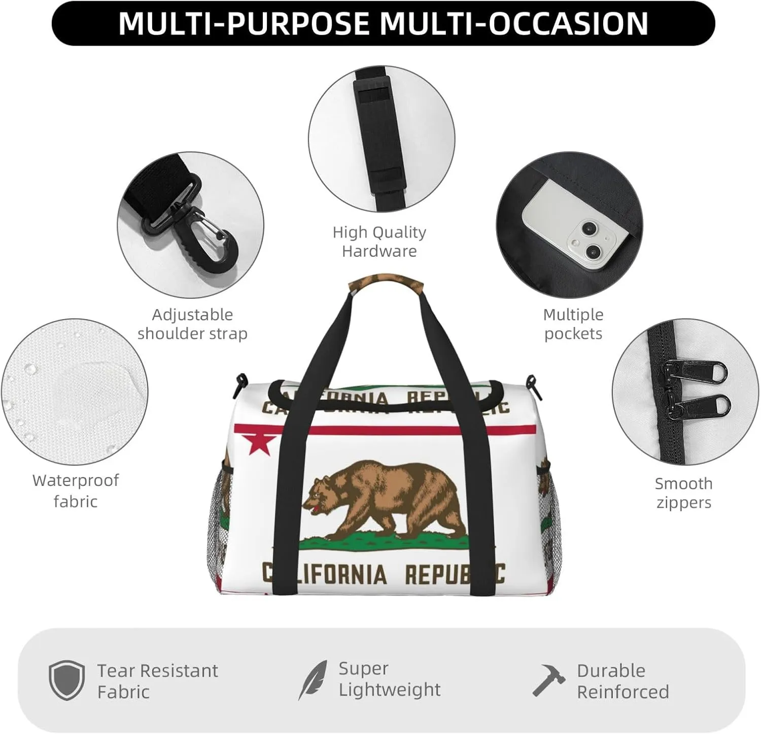 Flag Of California Travel Duffel Bag Large Foldable Waterproof Overnight Bag For Beach Swim Bags Pool Sports Gym