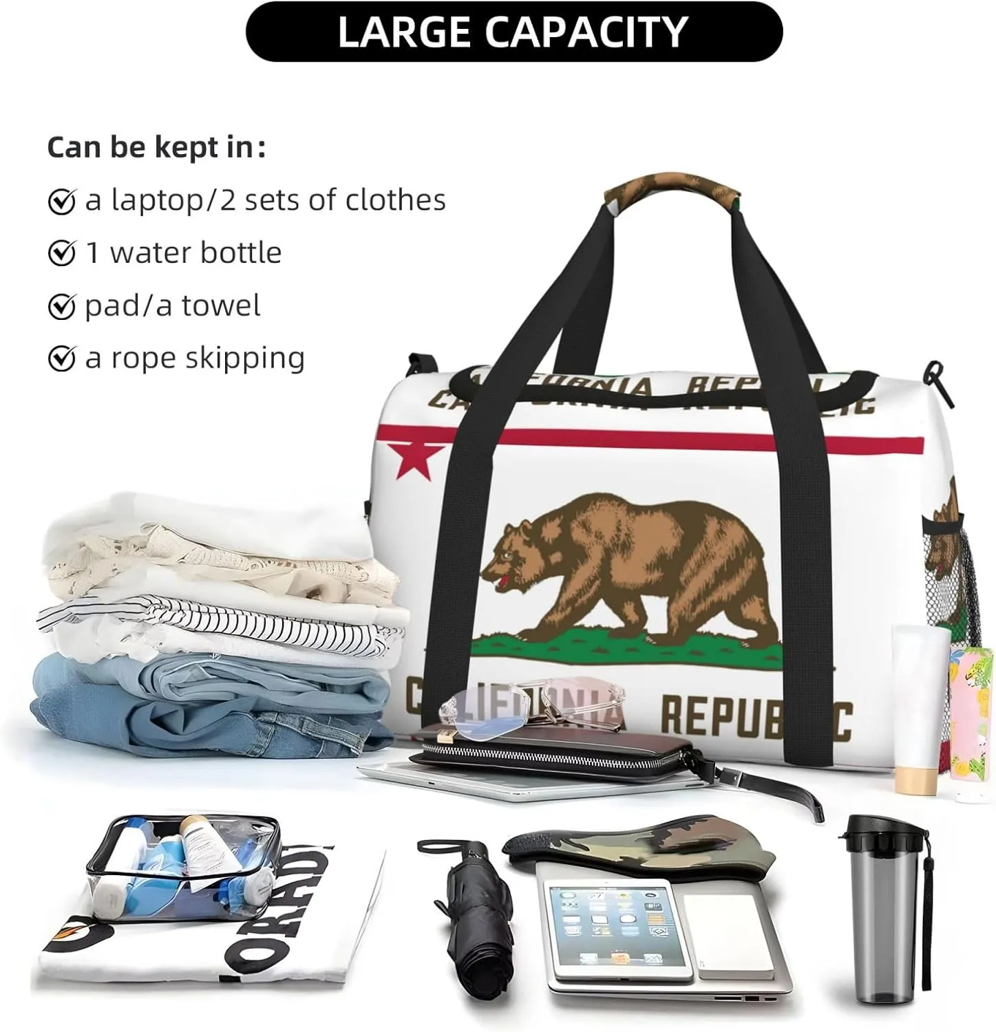 Flag Of California Travel Duffel Bag Large Foldable Waterproof Overnight Bag For Beach Swim Bags Pool Sports Gym