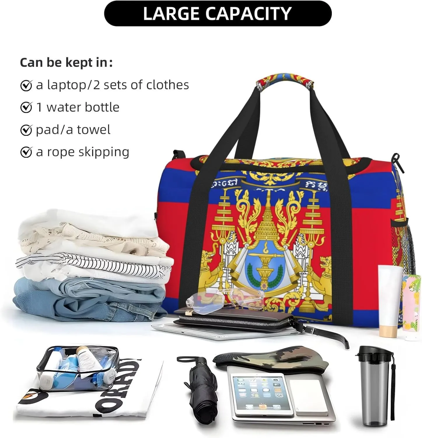 Flag Of Cambodia Travel Duffel Bag Large Foldable Waterproof Overnight Bag For Beach Swim Bags Pool Sports Gym