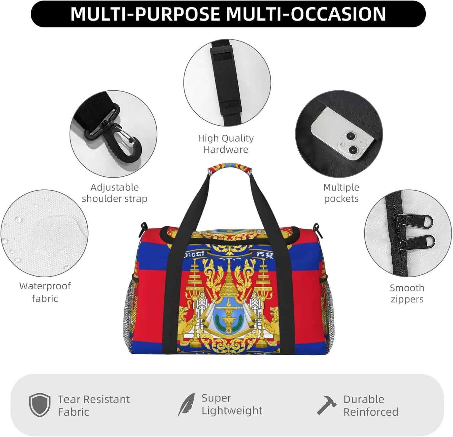 Flag Of Cambodia Travel Duffel Bag Large Foldable Waterproof Overnight Bag For Beach Swim Bags Pool Sports Gym