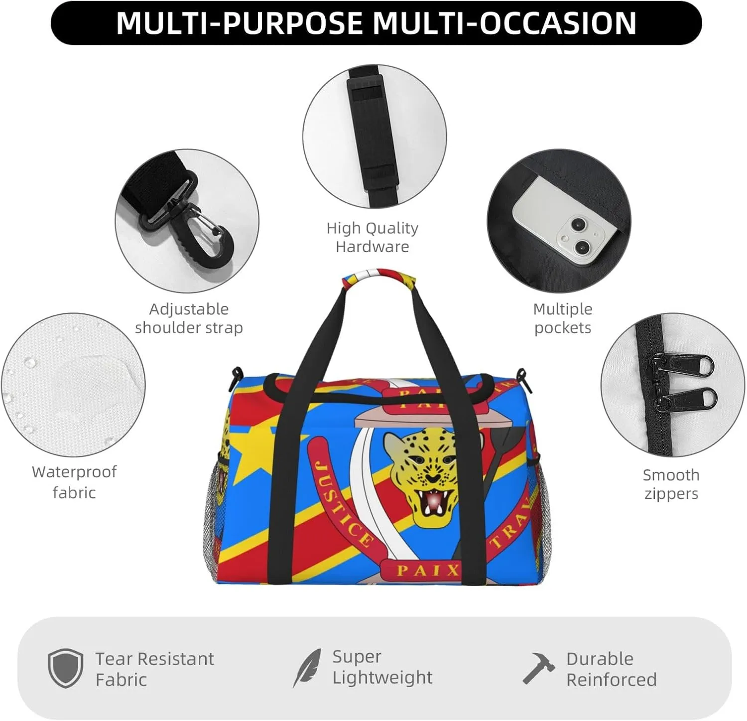 Flag Of Congo Travel Duffel Bag Large Foldable Waterproof Overnight Bag For Beach Swim Bags Pool Sports Gym