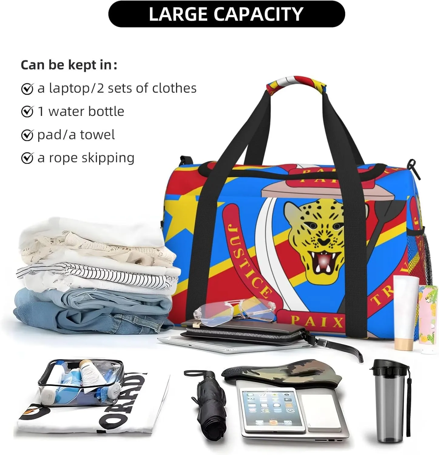 Flag Of Congo Travel Duffel Bag Large Foldable Waterproof Overnight Bag For Beach Swim Bags Pool Sports Gym