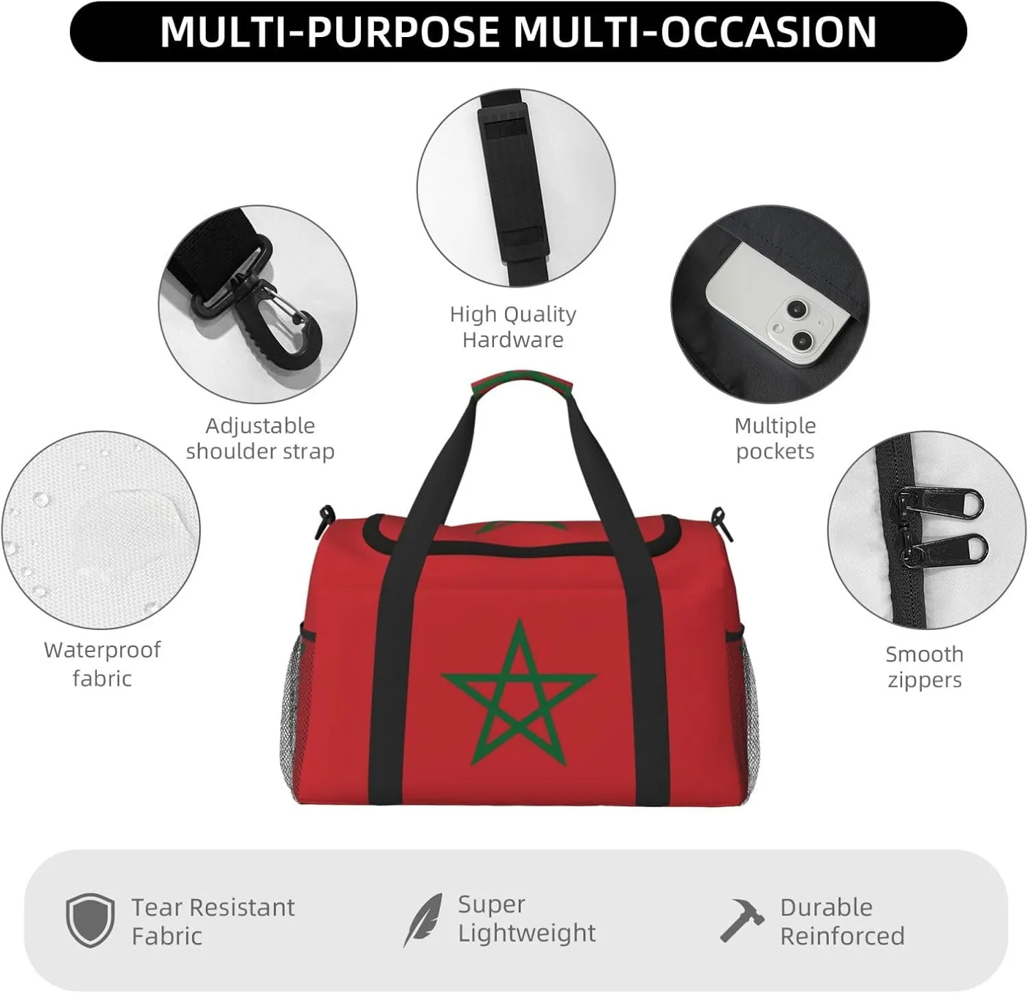 Flag Of Morocco Travel Duffel Bag Large Foldable Waterproof Overnight Bag For Beach Swim Bags Pool Sports Gym