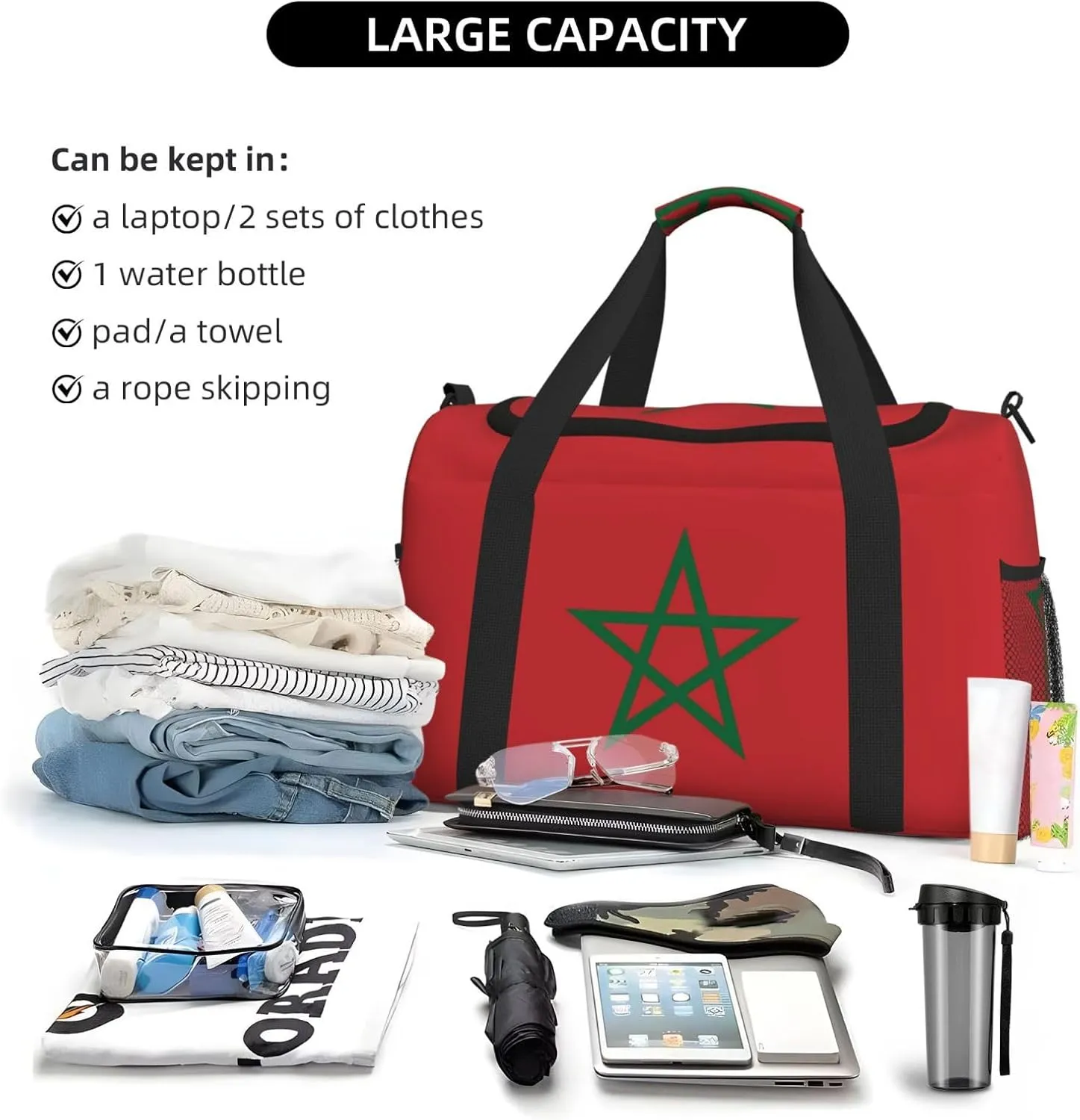 Flag Of Morocco Travel Duffel Bag Large Foldable Waterproof Overnight Bag For Beach Swim Bags Pool Sports Gym
