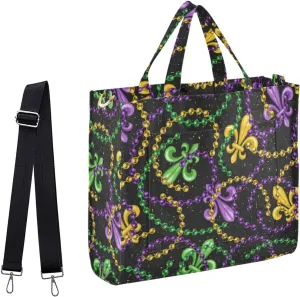 Fleur-de-lis Strings Of Beads Mardi Gras Carnival Small Corduroy Handbag Crossbody Satchel Tote Bag with Pockets for Women Work Weekender Travel Beach Gym Shopping