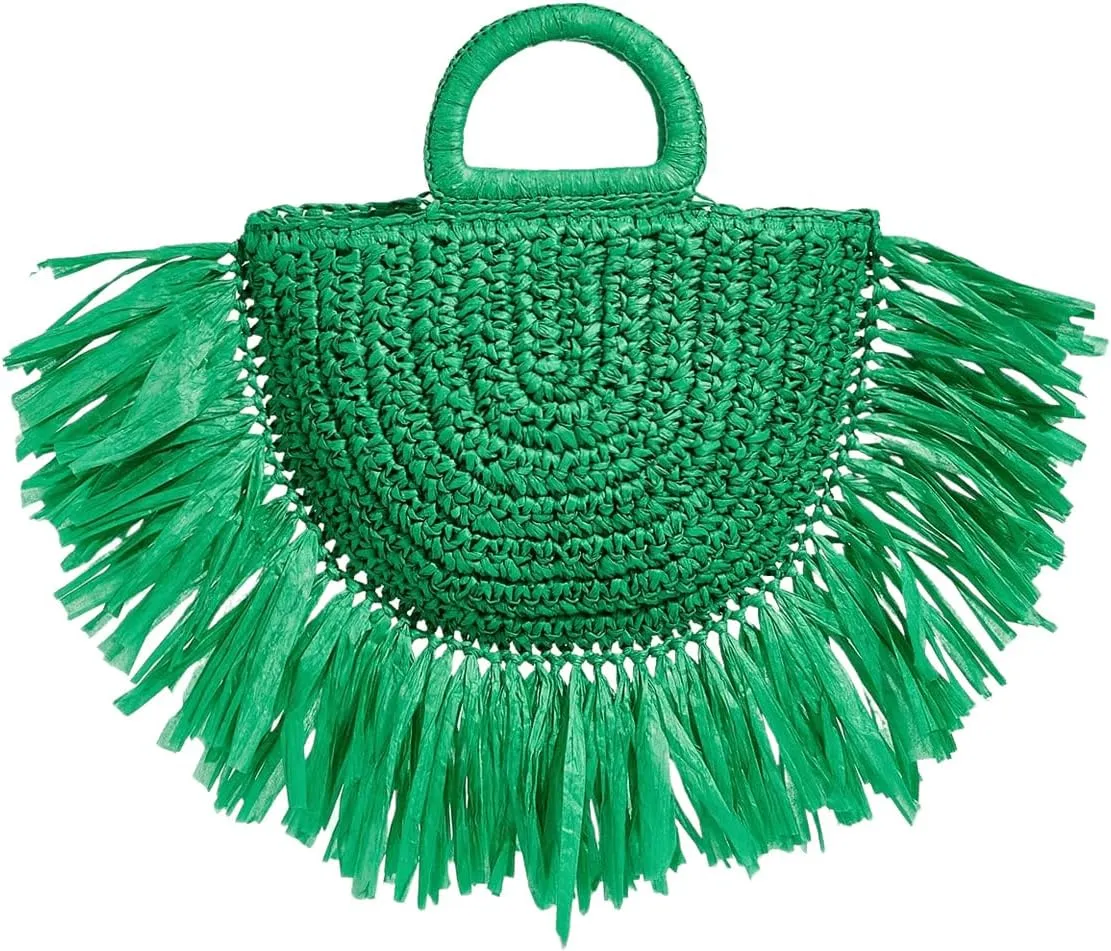Floerns Women's Straw Bag Holiday Beach Vacation Fringe Trim Handbag