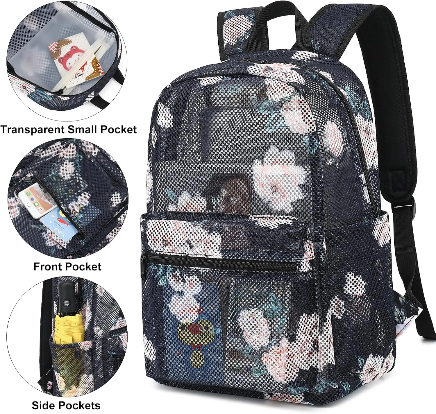 Floral Mesh Backpack for Girls Women, See Through Casual School College Student Bookbag
