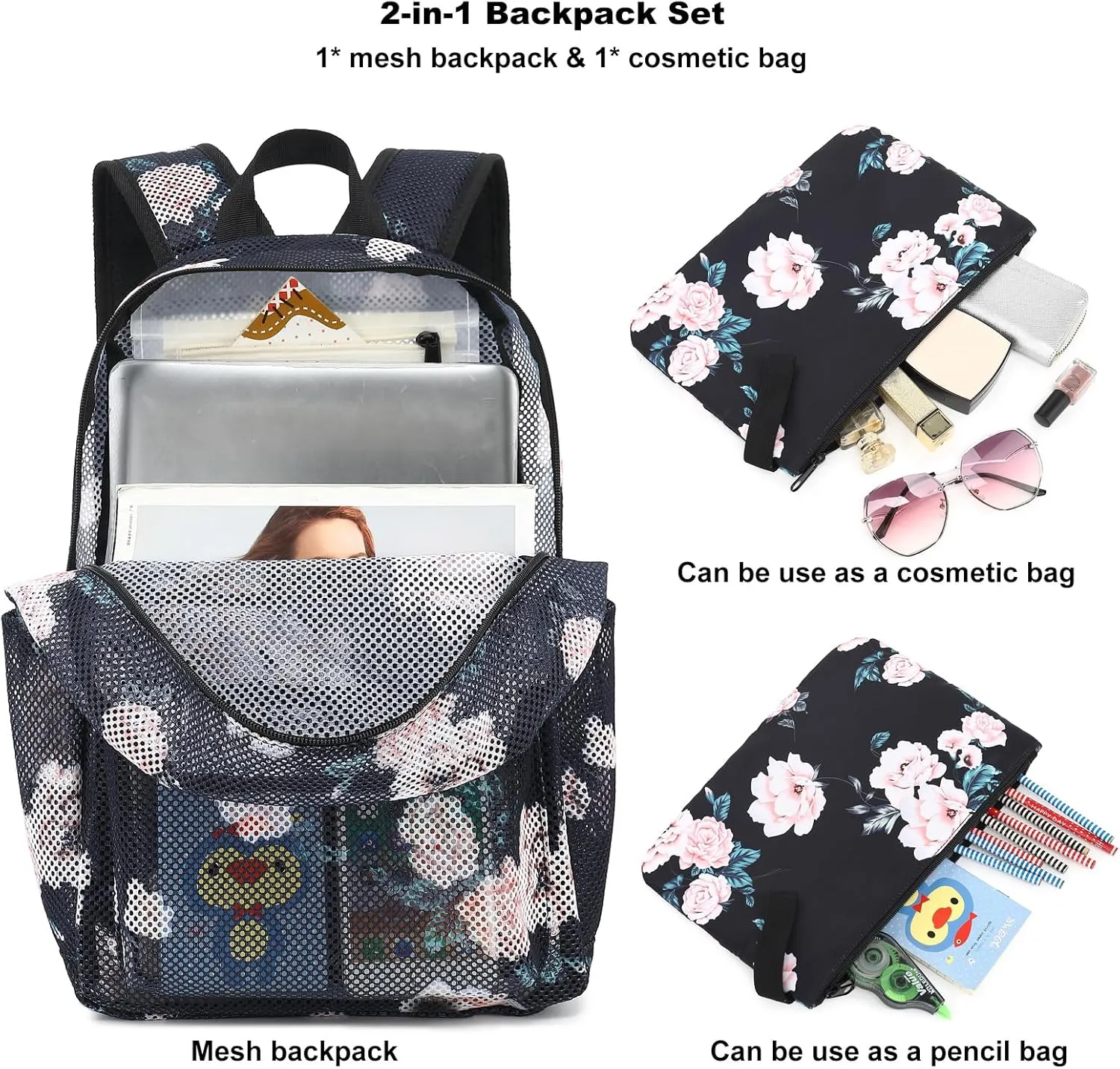 Floral Mesh Backpack for Girls Women, See Through Casual School College Student Bookbag
