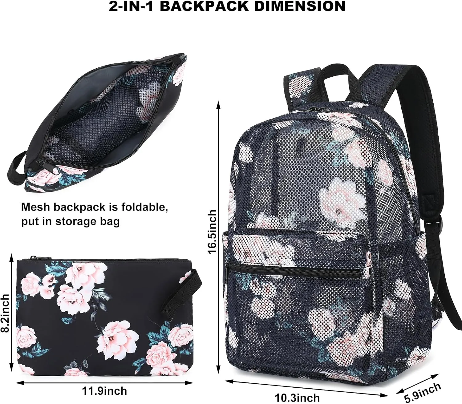 Floral Mesh Backpack for Girls Women, See Through Casual School College Student Bookbag