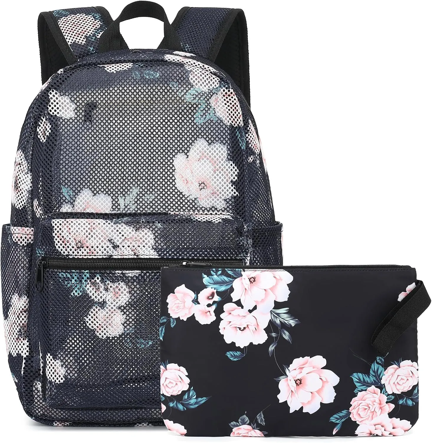 Floral Mesh Backpack for Girls Women, See Through Casual School College Student Bookbag